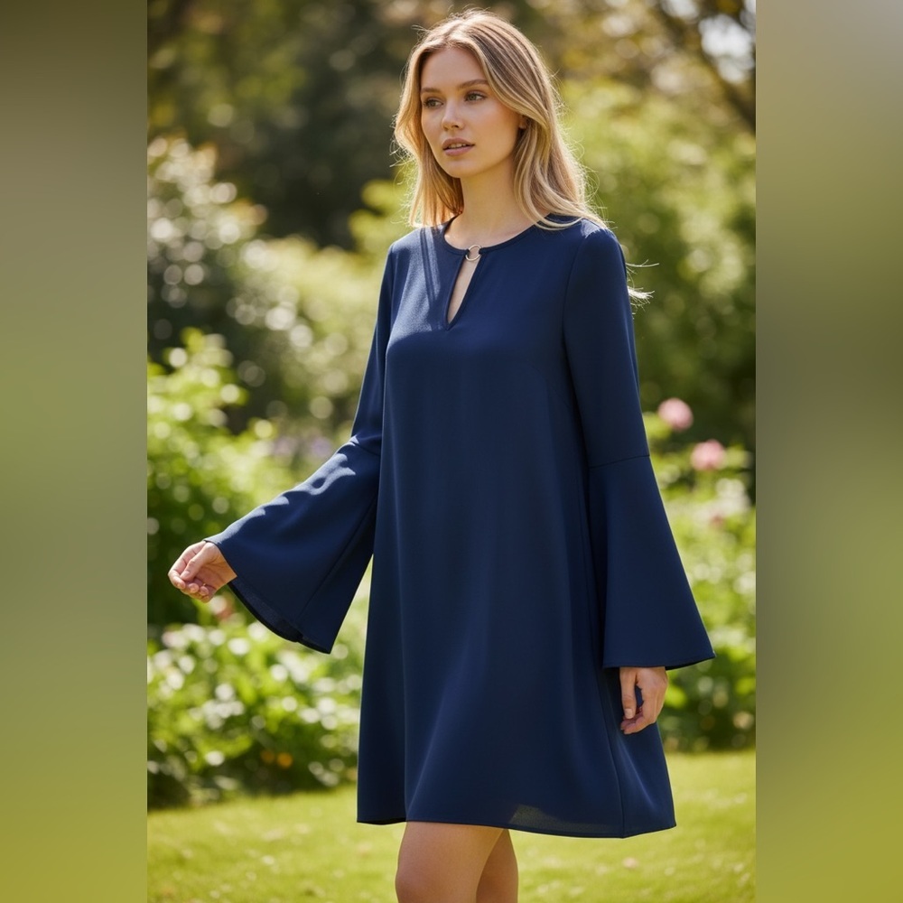 Molly Bracken Midnight Blue Long Flare Sleeve Keyhole Cut Out Relax Fit Dress